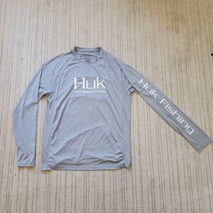 Huk fishing men's gray long sleeve spellout shirt size medium